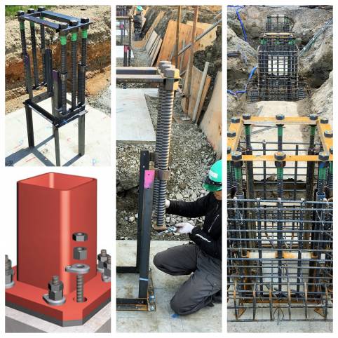 ベースパック柱脚：高い固定度を有する露出形式の柱脚工法です。